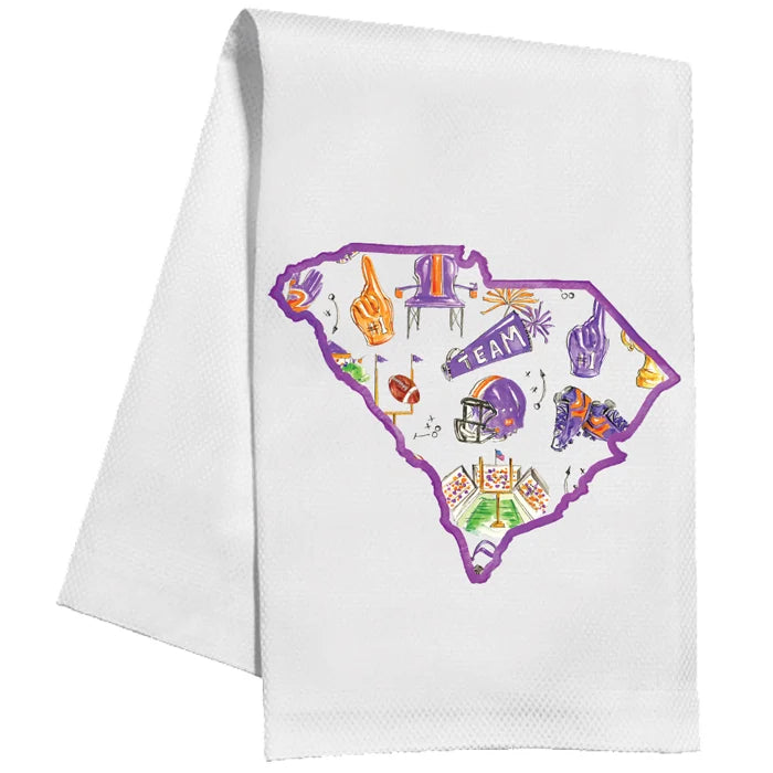 Orange and Purple Football Icon Pattern Inside State of South Carolina Kitchen Towel
