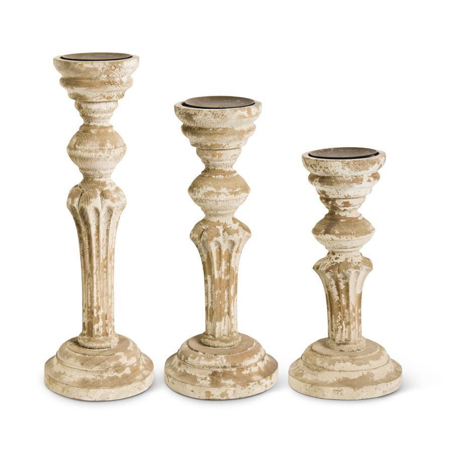 Brown Distressed Wood Column Pillar Candleholders