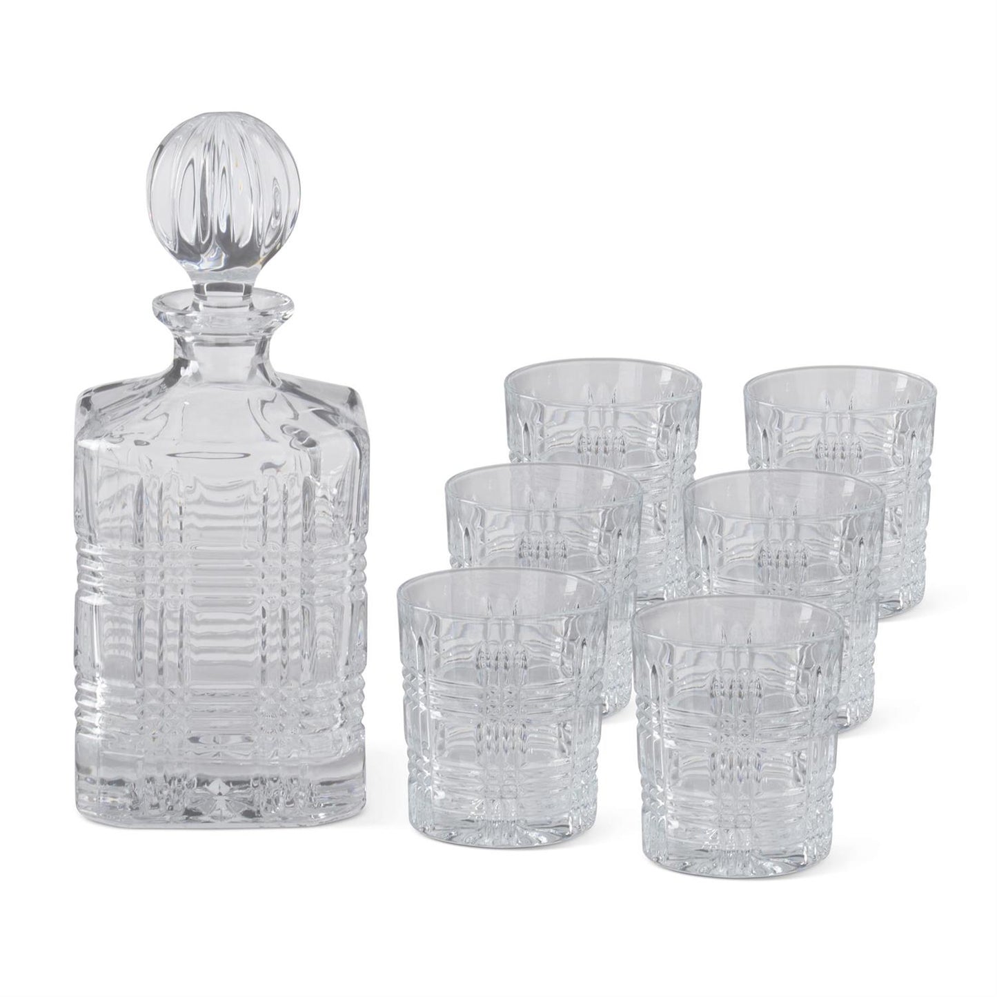 7 pc Grid Pressed Decanter & Lowball Drinking Glass Set