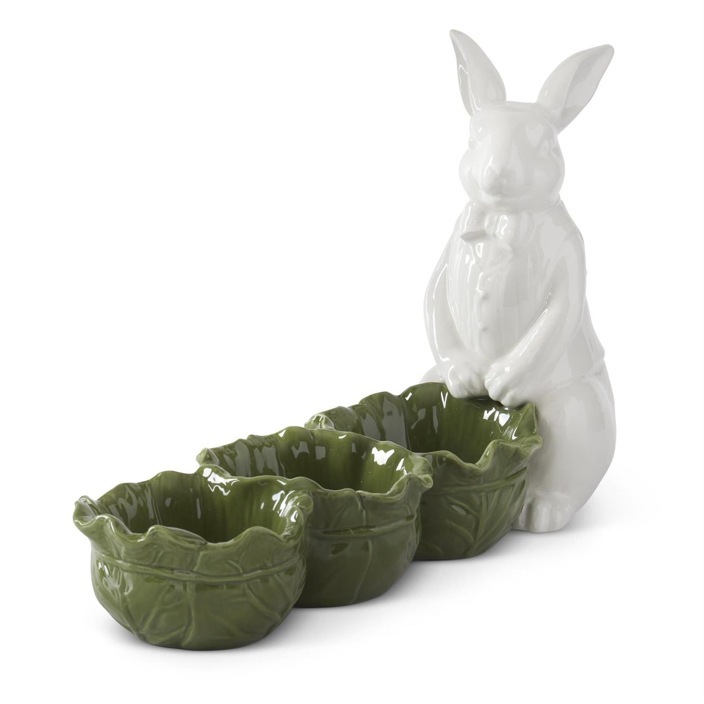 White and Green Divided Cabbage Bowl with Rabbit