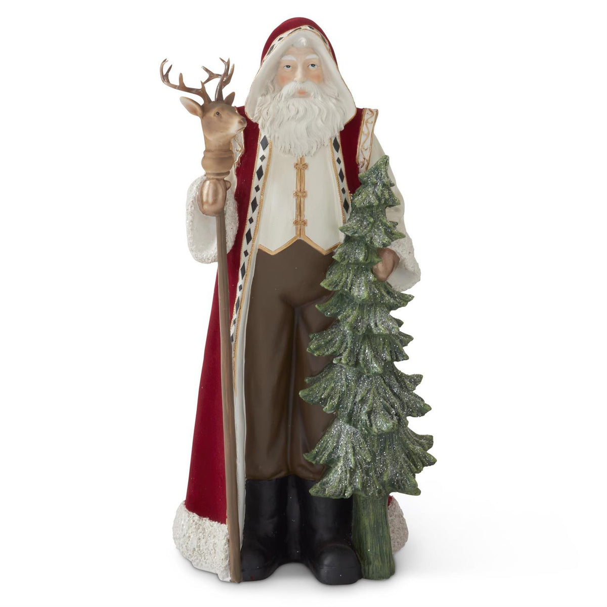 Santa with Burgundy Cape & Green Tree