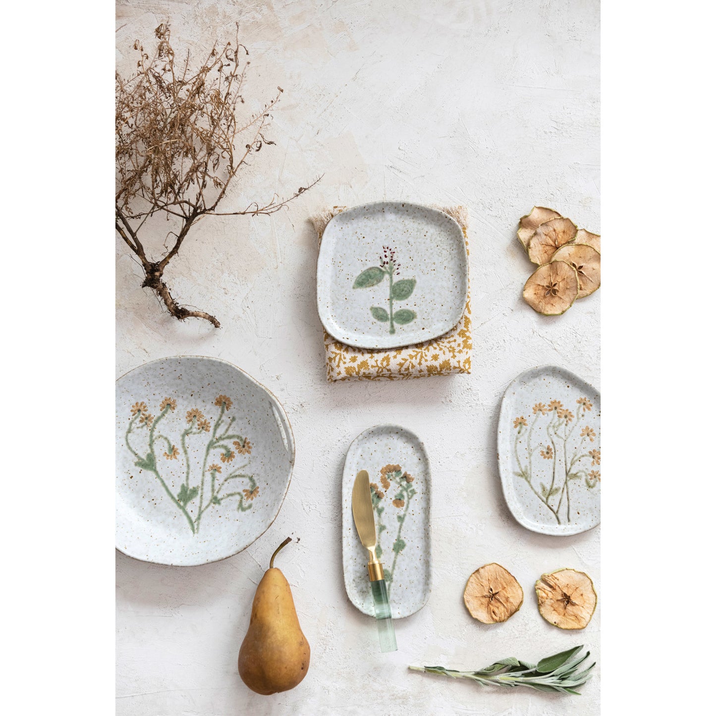 Stoneware Bowl with Handles & Botanicals