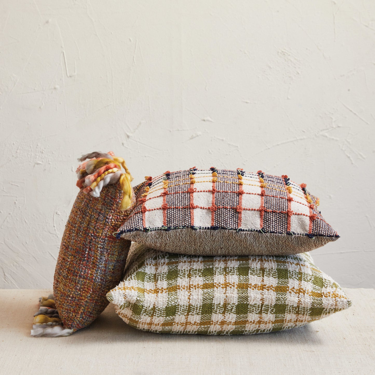 Square Woven Cotton Blend Pillow w/ Knots, Multi Color Plaid