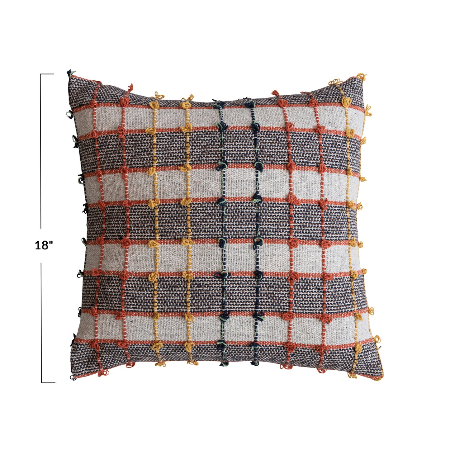 Square Woven Cotton Blend Pillow w/ Knots, Multi Color Plaid