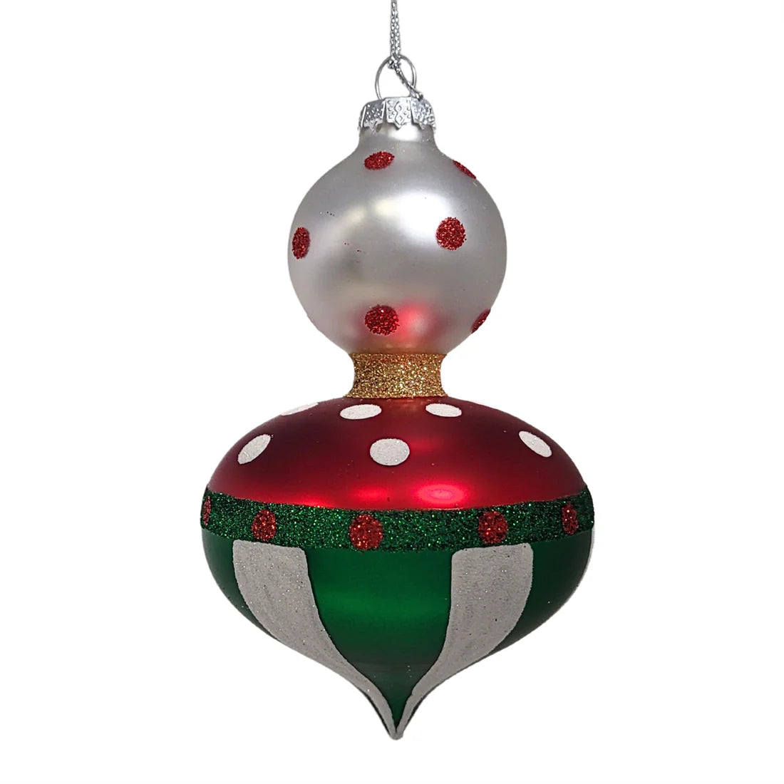Glass Drop Final Dot & Stripe Orn-Red/White/Green-5.75"