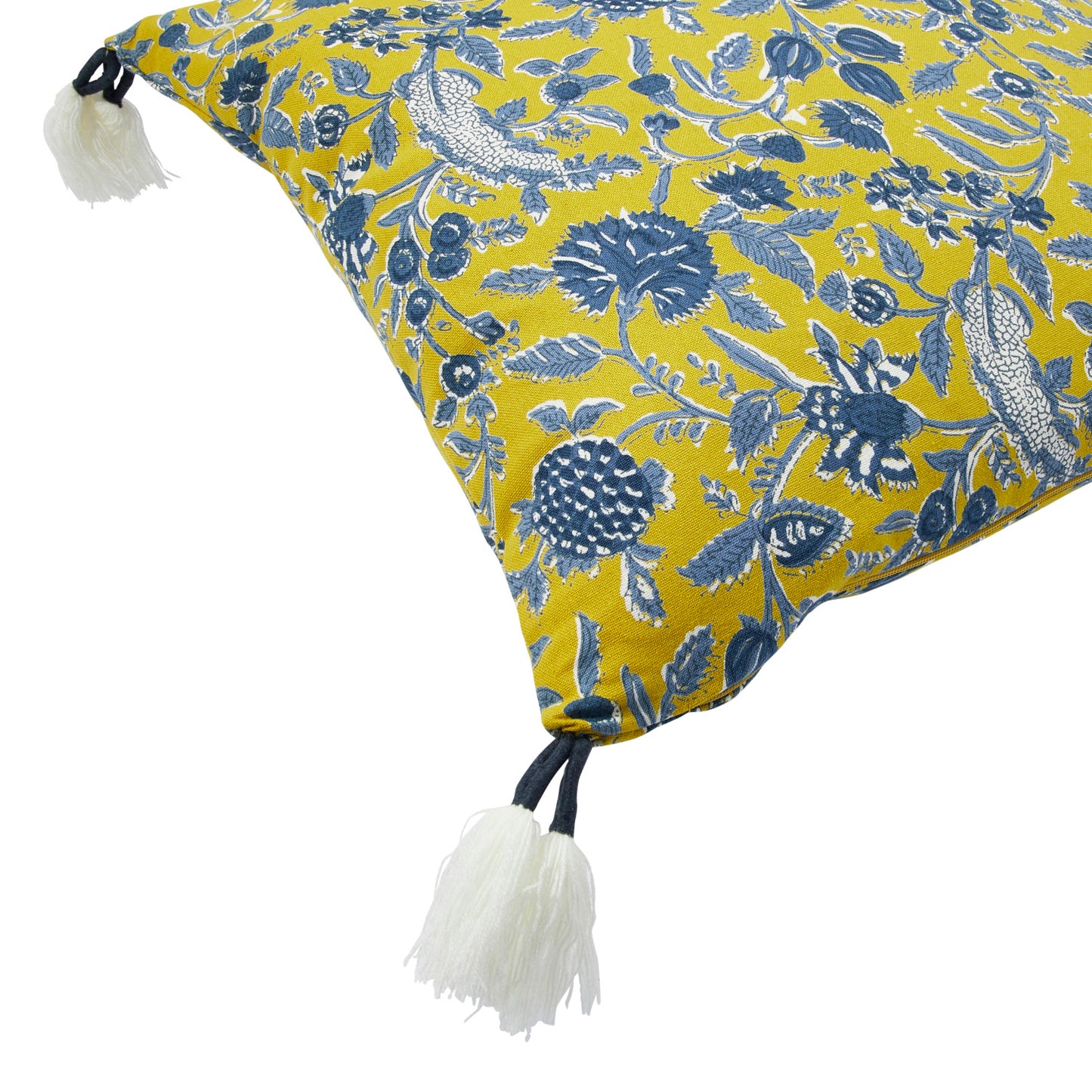 Cotton Pillow w/ Floral Pattern & Yarn-Wrapped Tassels, Polyester Fill