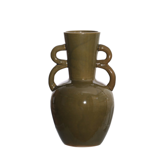 Stoneware Vase with Handles, Olive Green