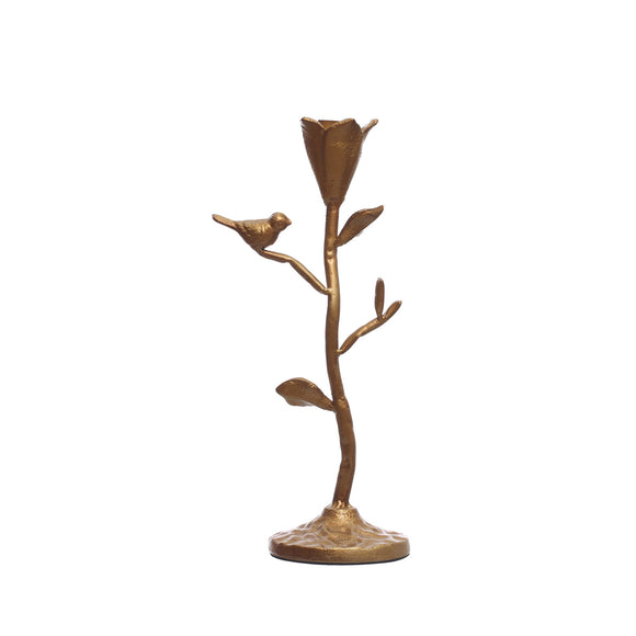 Hand-Forged Cast Iron Flower Taper Holder with Flowers and Bird