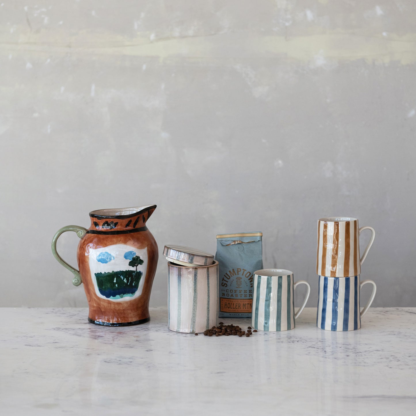 Hand-Painted Stoneware Striped Jar with Lid