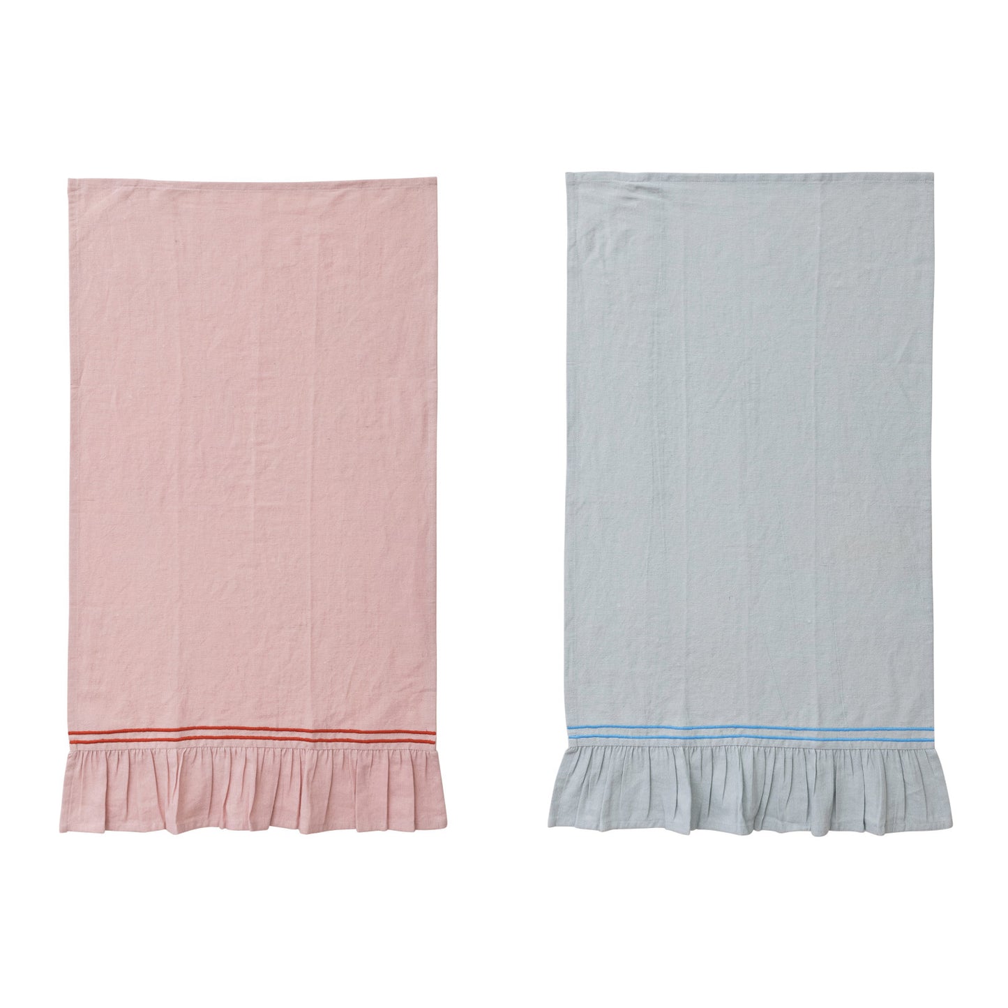 Cotton & Linen Tea Towel w/ Embroidered Stripes & Ruffle
