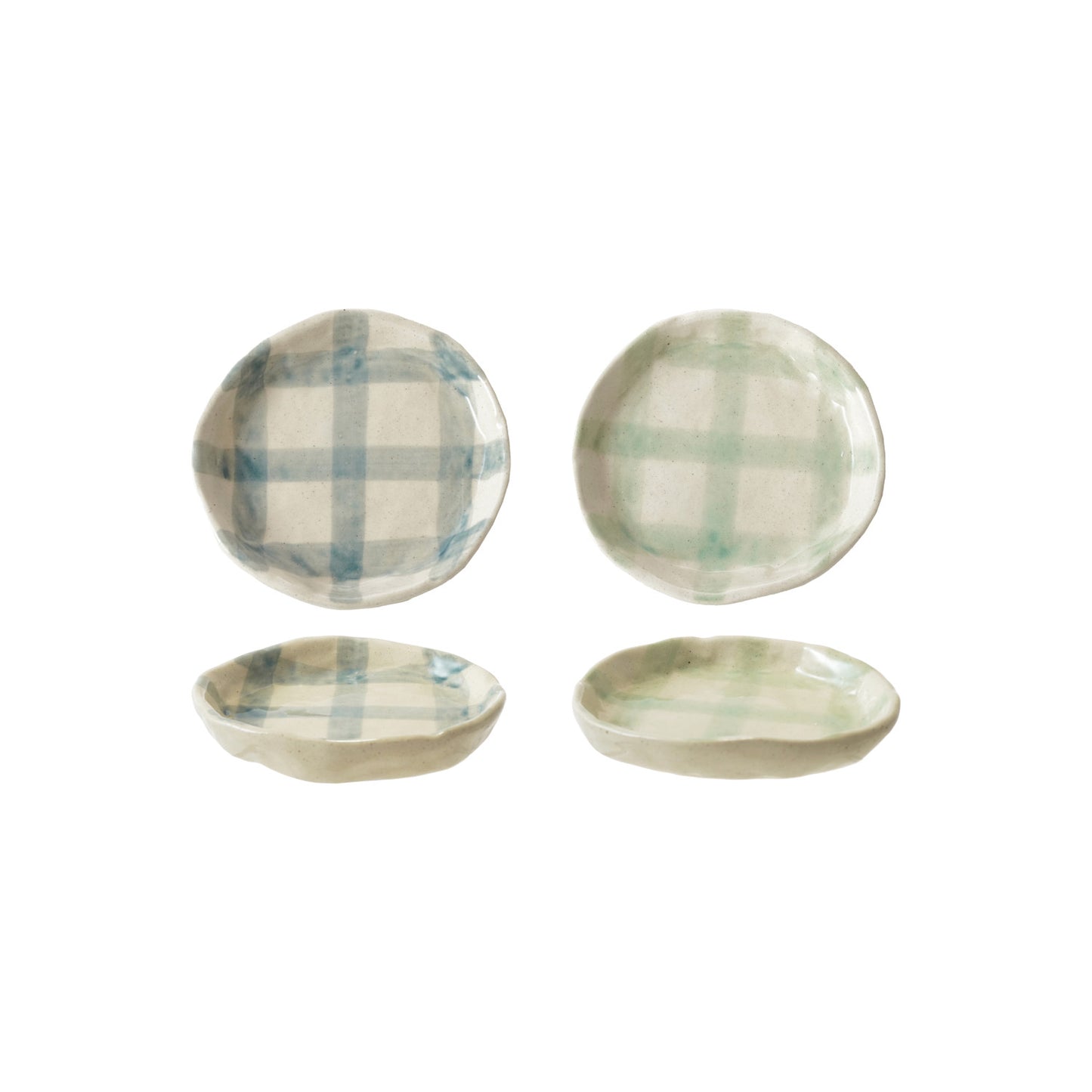 Hand-Painted Stoneware Plate w/ Grid Pattern, Reactive Glaze