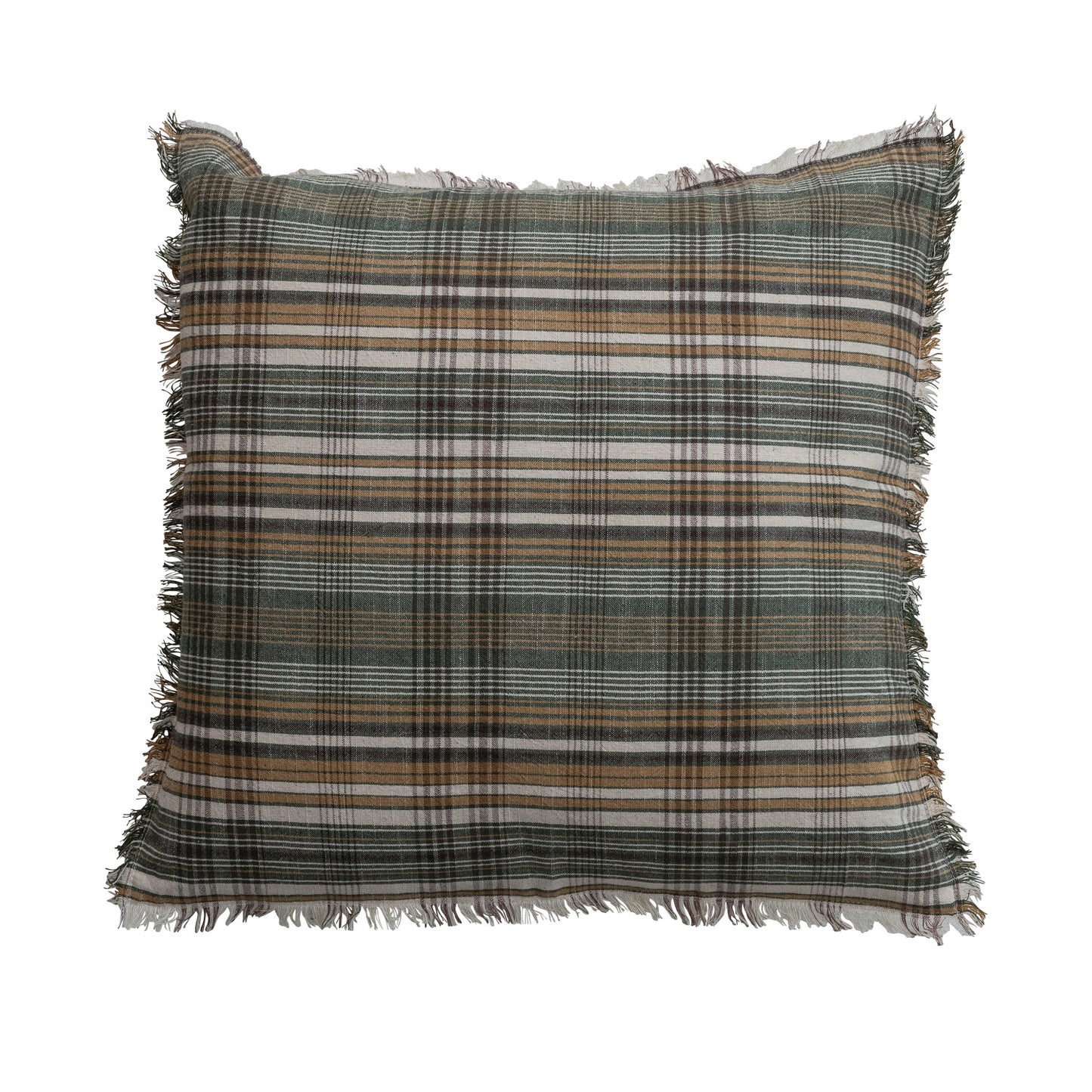 Square Woven Linen & Cotton Pillow with Plaid Pattern & Eyelash Fringe