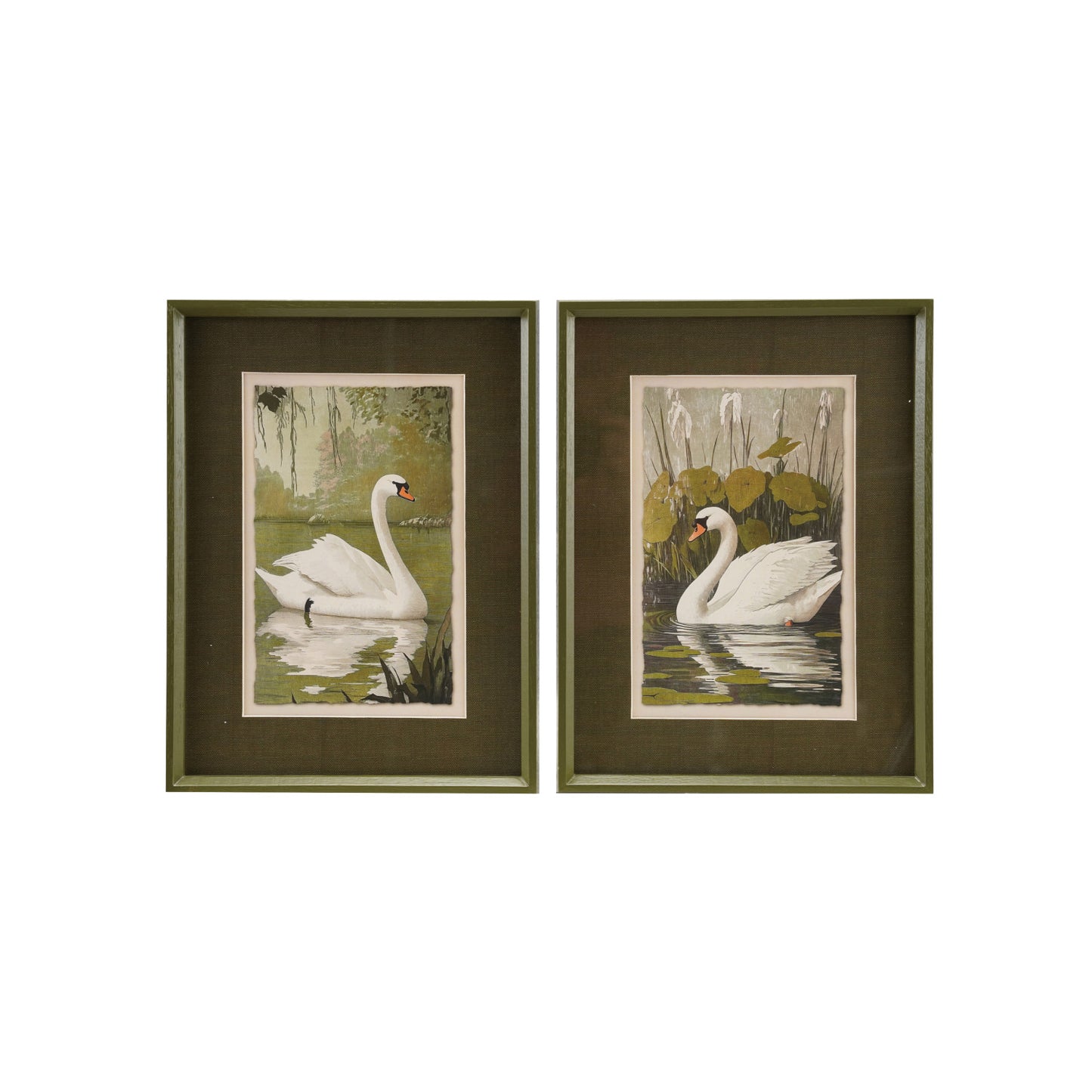 Wood Framed Glass Wall Decor with Swan & Mat