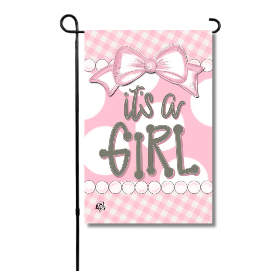It's A Girl Pink Gingham Garden Flag