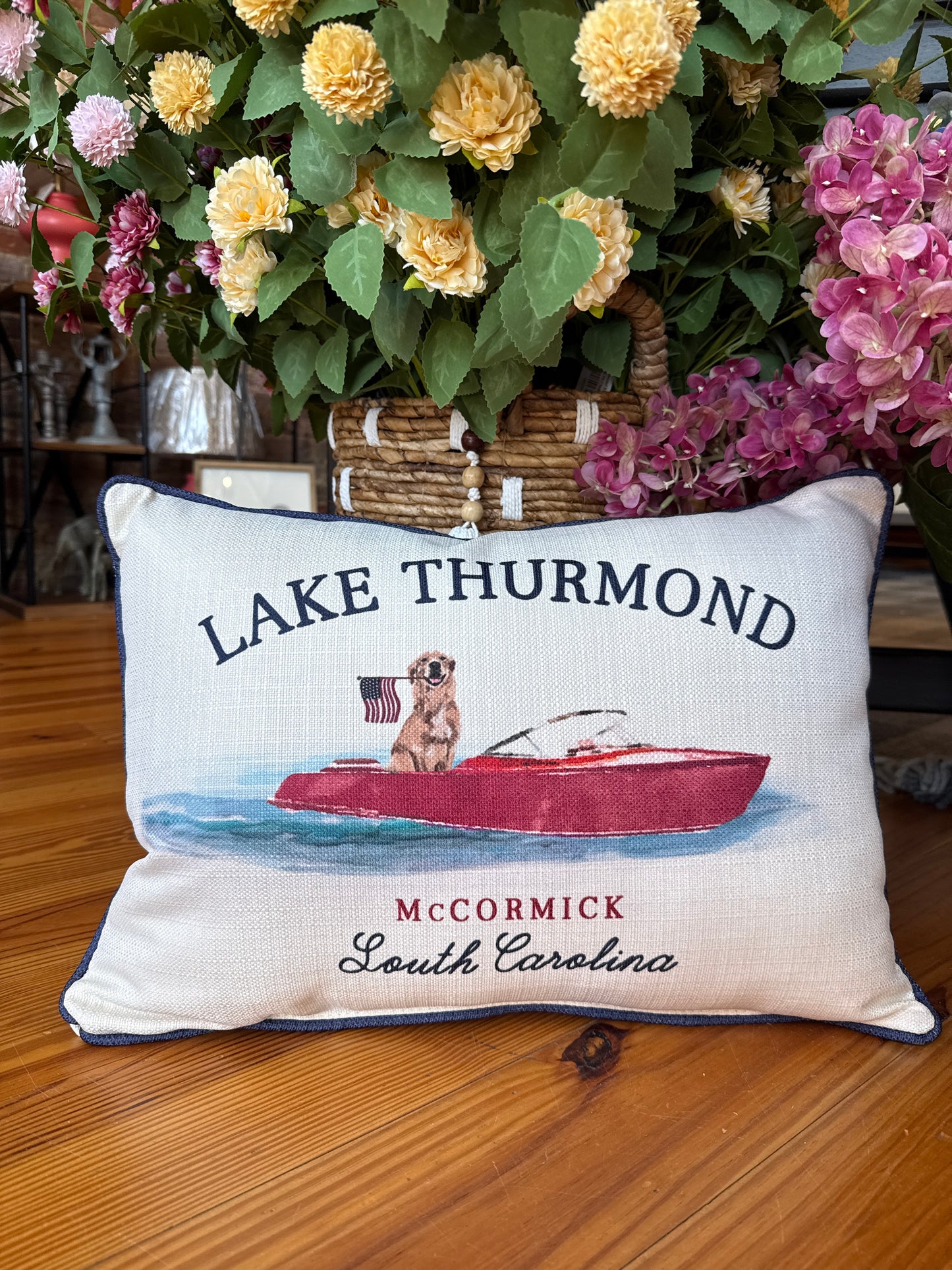 Golden Retriever in Vintage Boat featuring "Lake Thurmond"