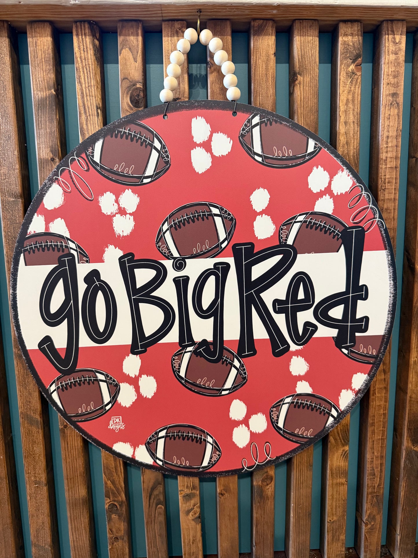 Go Big Red Door Hanger with Footballs