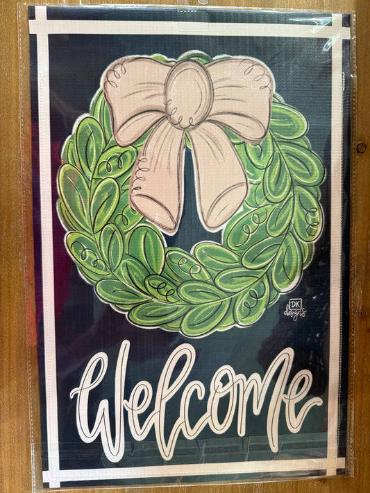 "Welcome" Wreath with Mocha Bow Garden Flag