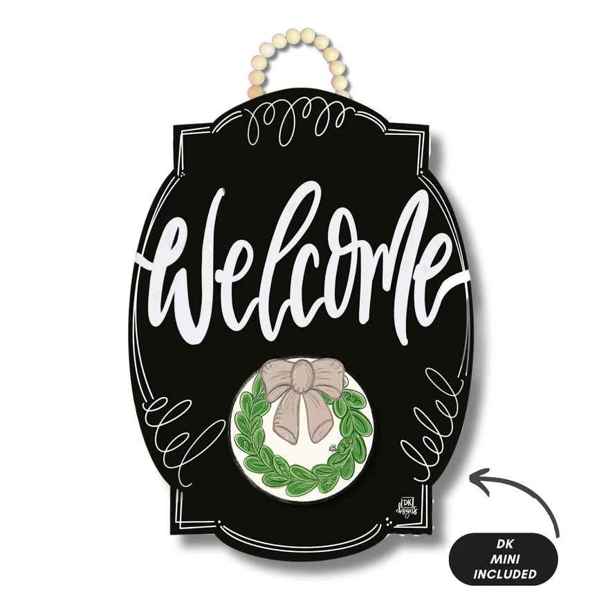Black Bllom 'Welcome' Door Hanger w/ Wreath Mini