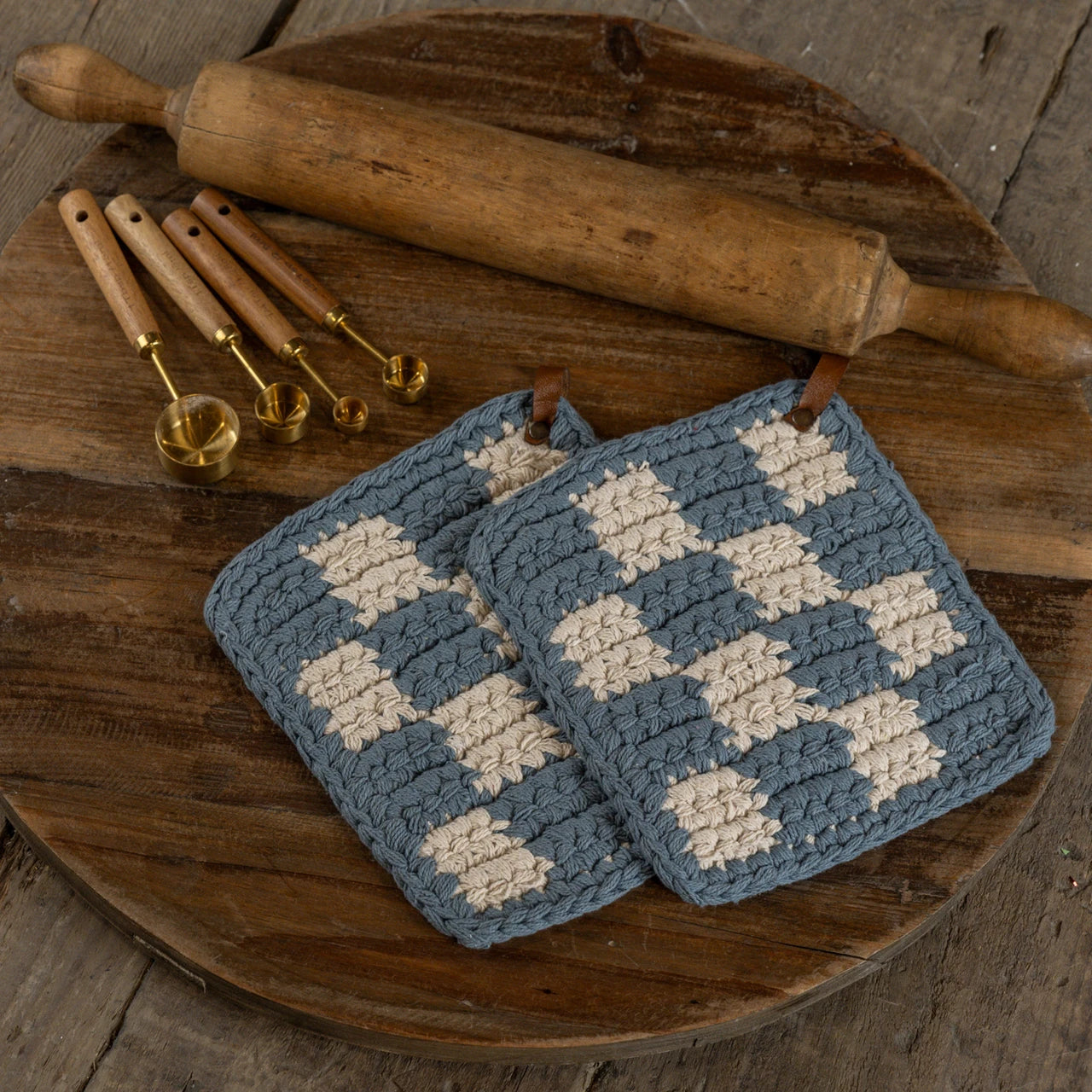 Dusty Blue and Cream Potholders, Set of 2