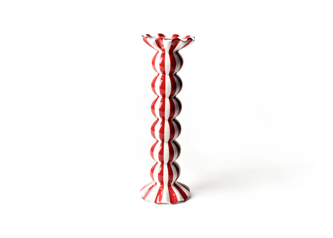 Red Striped Large Knobbed Candle Holder w/Ruffle