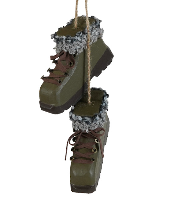 Wood & Knit Fabric Pair of Hiking Boots Ornament