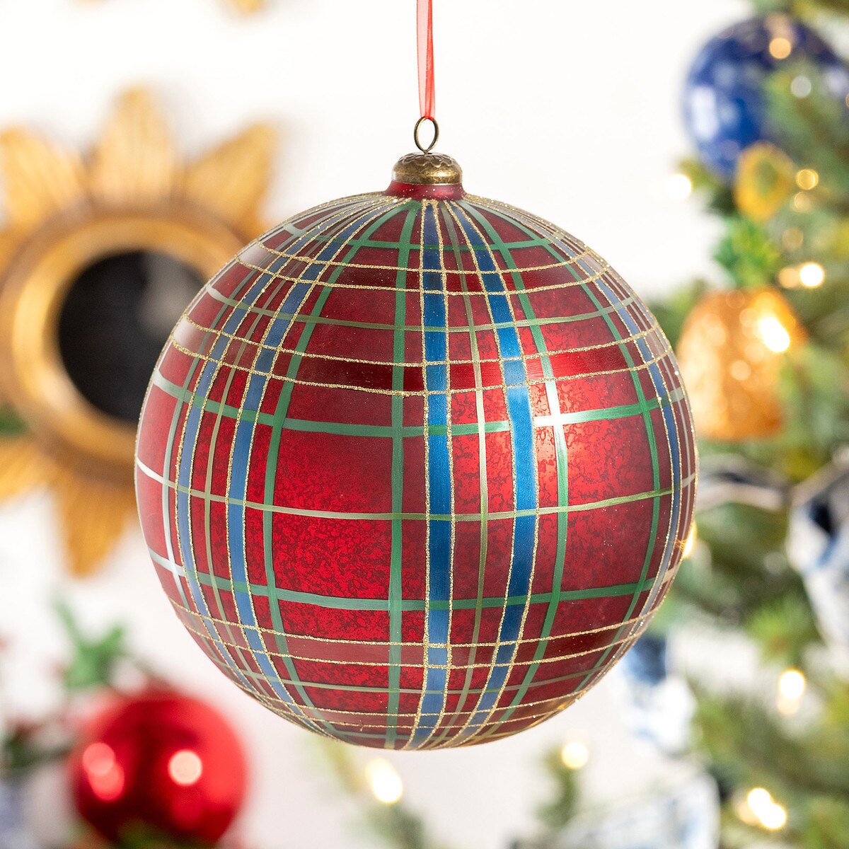 Hand-painted Plaid Glass Ball Ornament, 6 inch