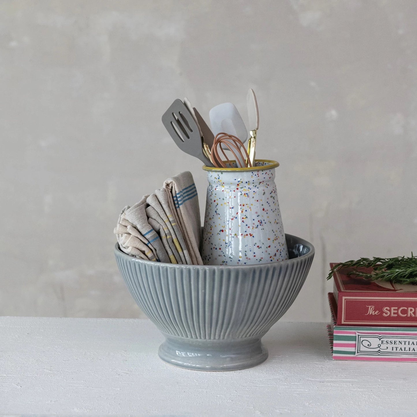 Stoneware Fluted Serving Bowl, Reactive Glaze (Each One Will Vary)