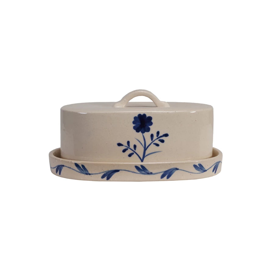 Hand-Painted Stoneware Butter Dish with Flower
