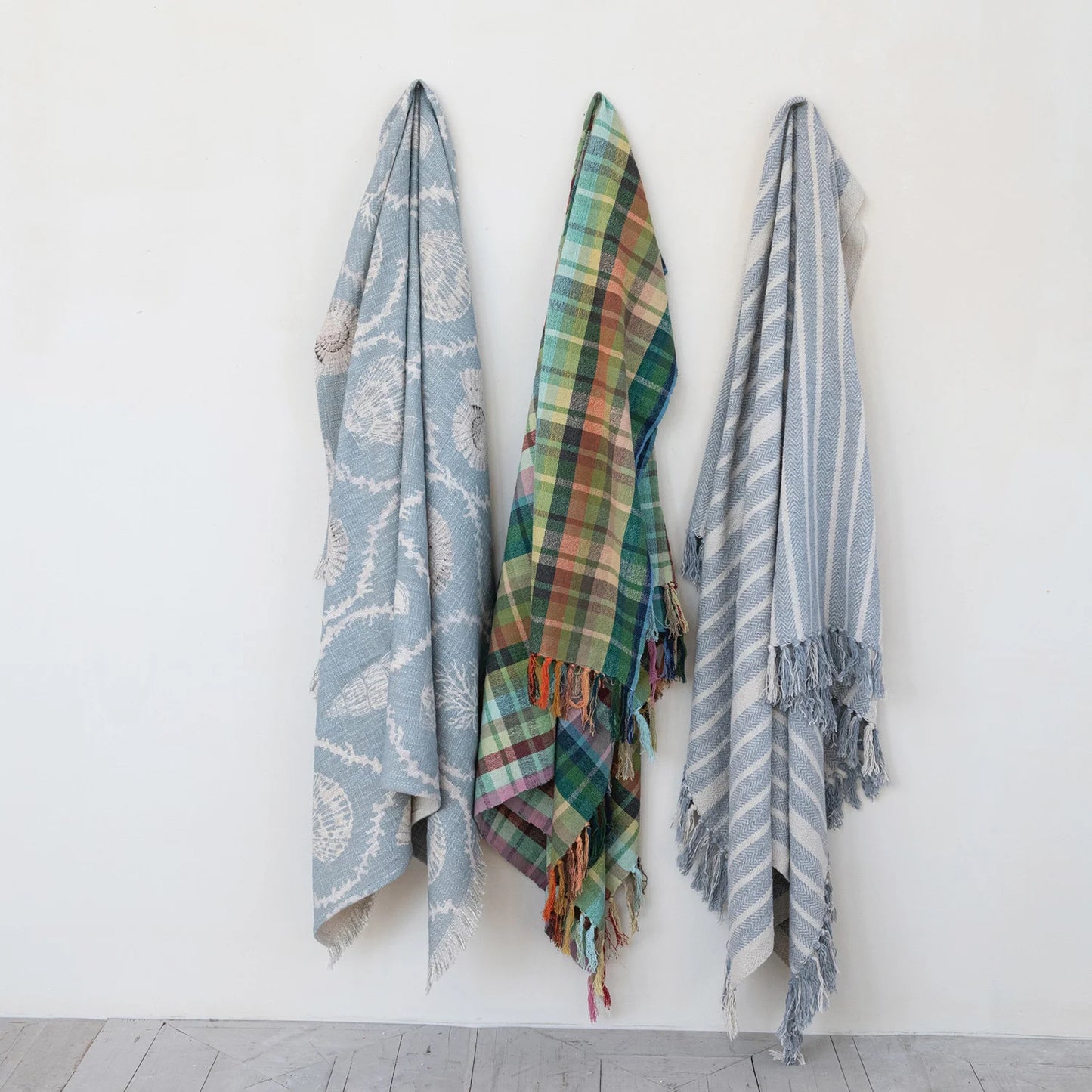 Woven Cotton Throw with Pattern & Fringe Plaid