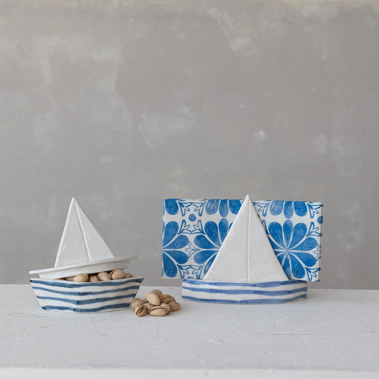 Stoneware Sailboat Shaped Napkin Holder with Stripes