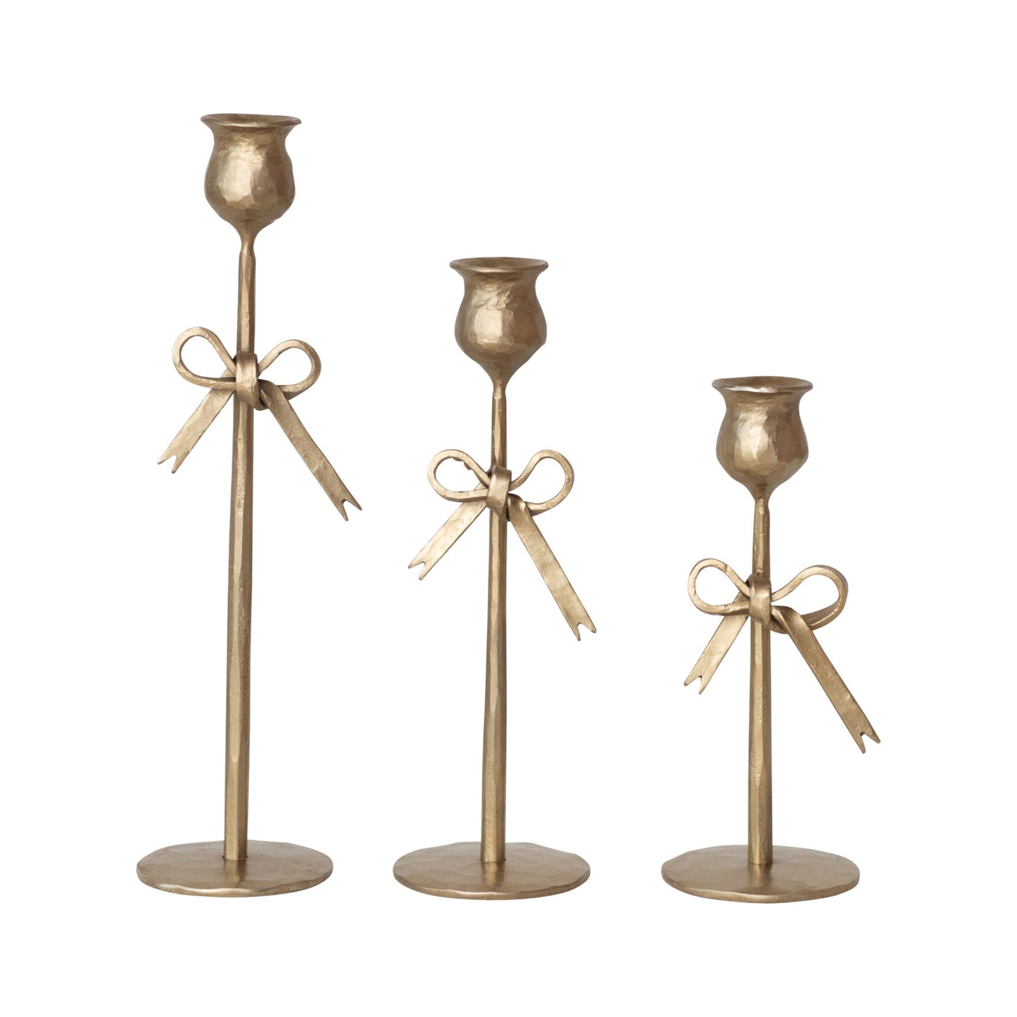 Iron Taper Holders w/ Bow, Gold, Set of 3