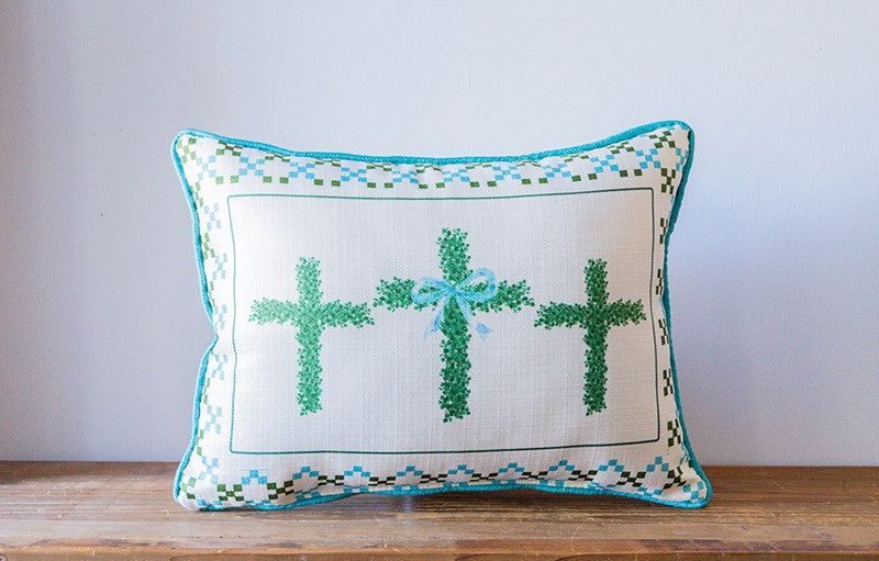 Boxwood Crosses with Blue Bow Pillow