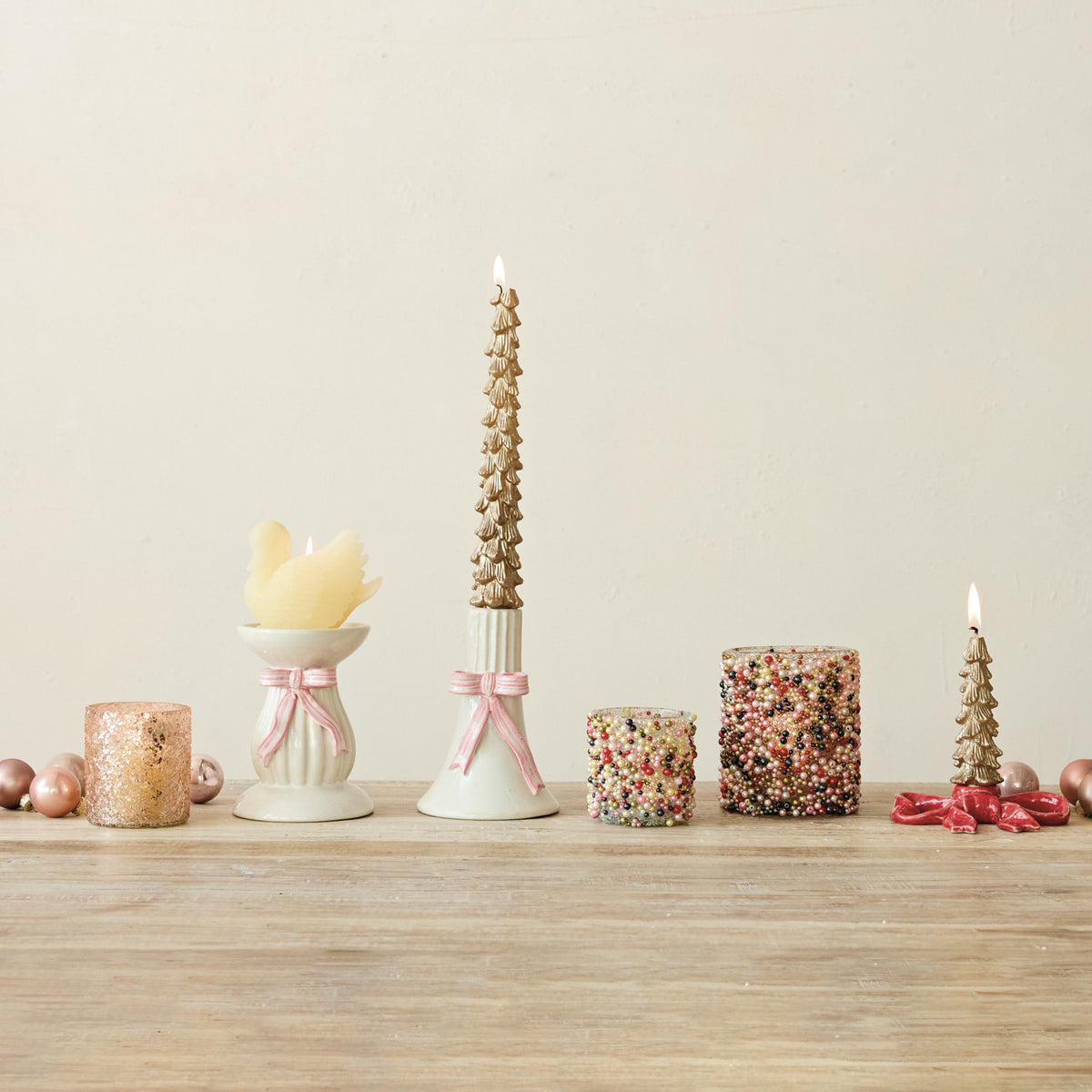 Hand-Painted Stoneware Fluted Taper Holder with Bow