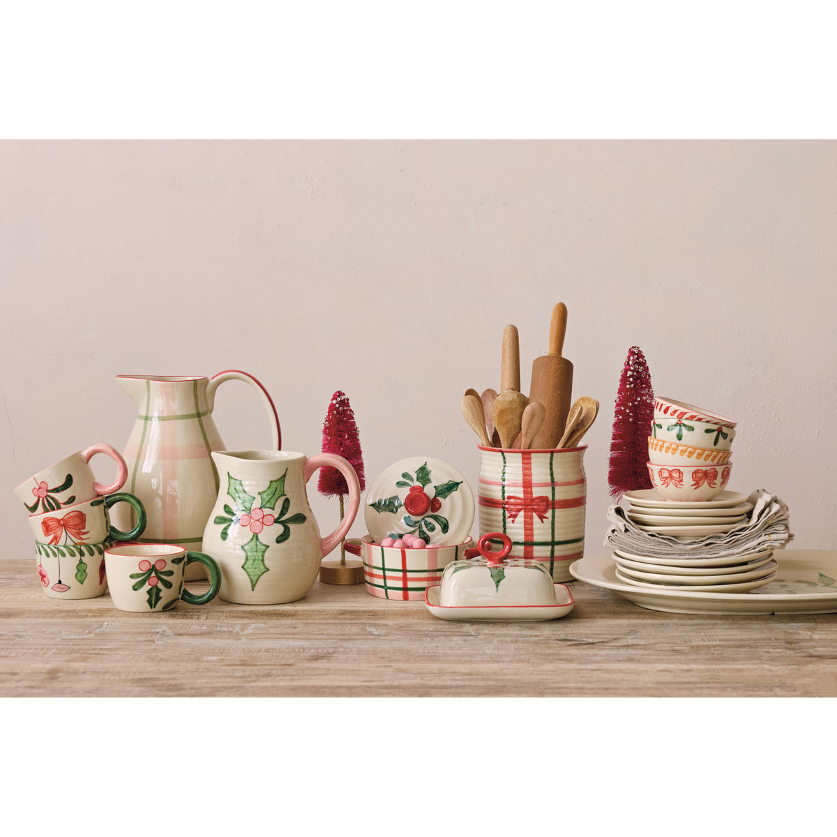 Hand-Painted Stoneware Ribbed Pitcher with Colored Handle