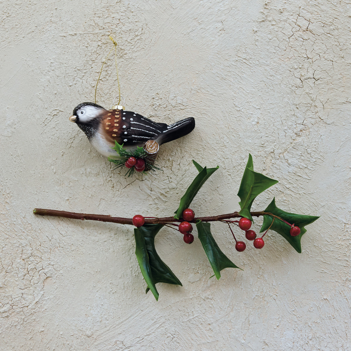 Glass Chickadee on Branch Ornament