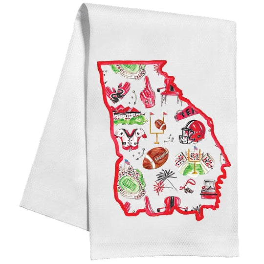 Red and Black Football Icon Pattern Inside State of Georgia Kitchen Towel