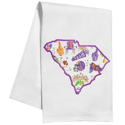 Orange and Purple Football Icon Pattern Inside State of South Carolina Kitchen Towel