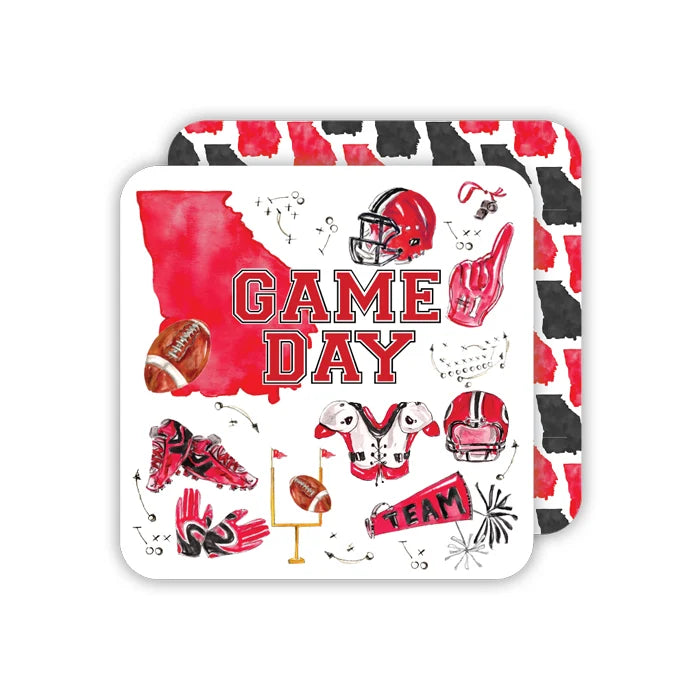Hand-painted Red and Black Game Day with State of Georgia & Football Icons Square Coasters