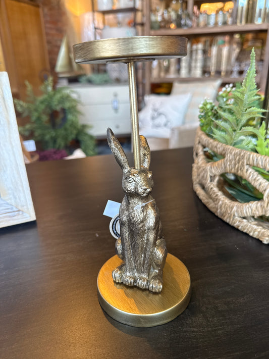 Gold Sitting Bunny Pillar Candle Holder