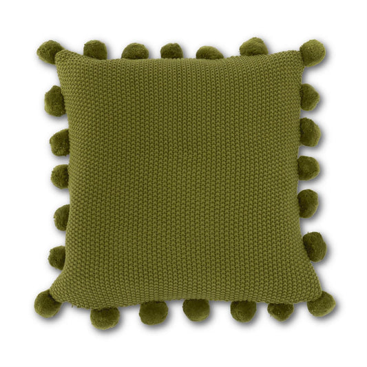 Sage Green Moss Stitch Knit Pillow with Pompom