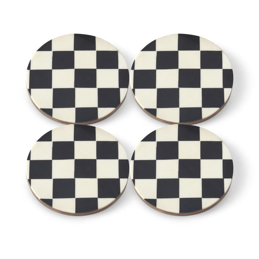 Black & White Check Enameled Wood Coasters