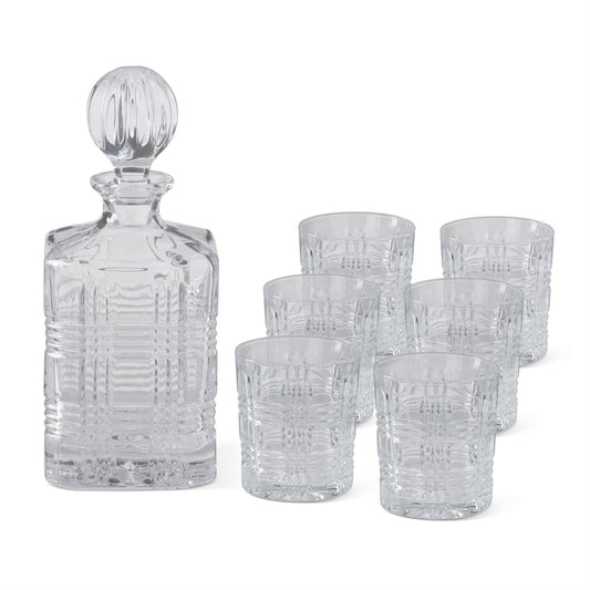 7 pc Grid Pressed Decanter & Lowball Drinking Glass Set