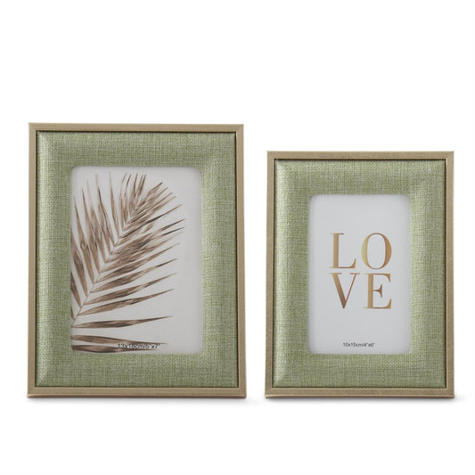 Light Green Woven Linen & Gold Metal Photo Frame