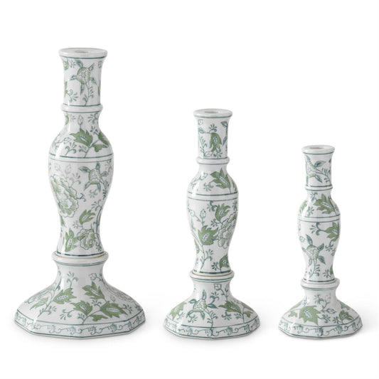 Green and White Floral Taper Candle Holder