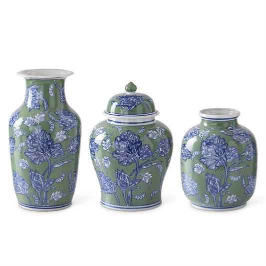 Blue, Green and White FloralCeramic Vases