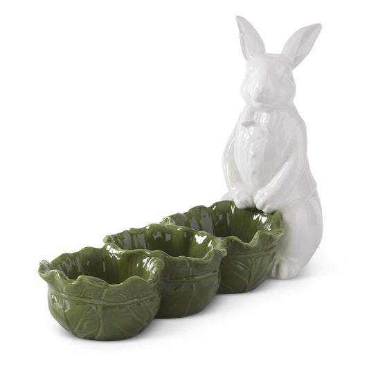 White and Green Divided Cabbage Bowl with Rabbit