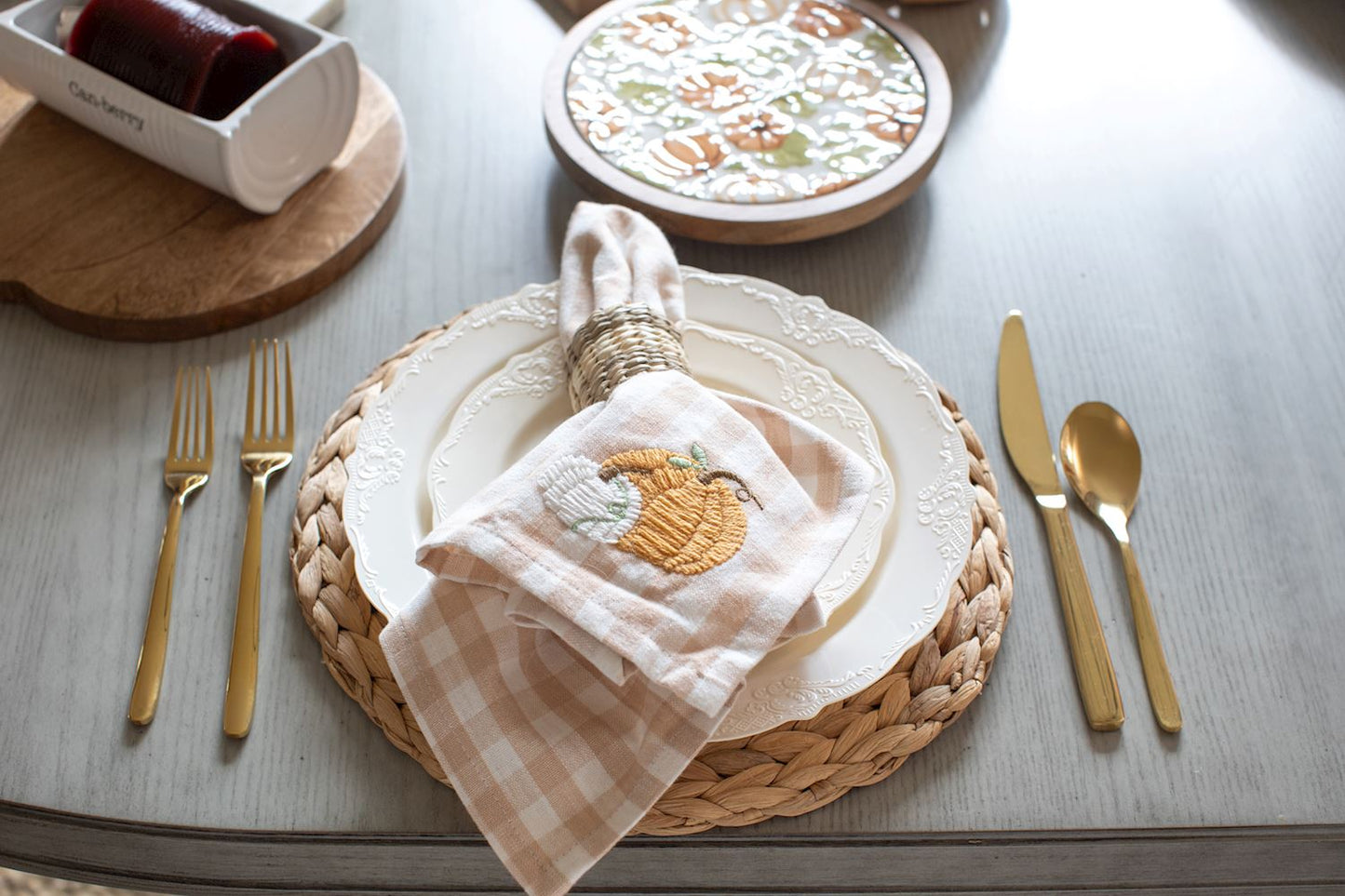 Fall Embroidery Check Napkins