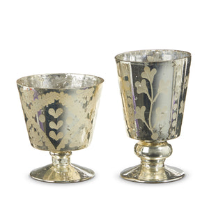 5.25" SILVER ETCHED MERCURY GLASS FOOTED VASES