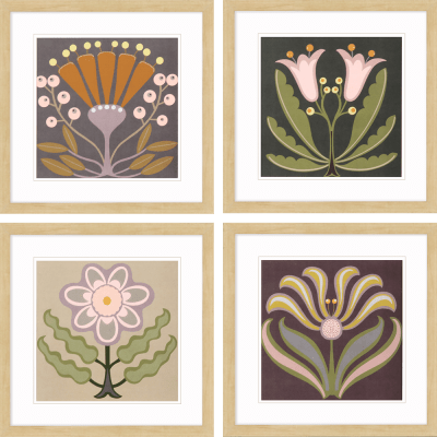 Graphic Folk Flower Framed Art - Set of Four