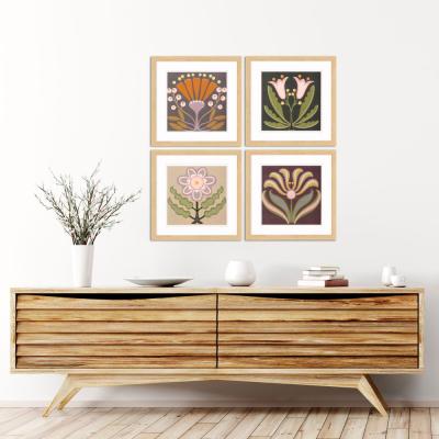 Graphic Folk Flower Framed Art - Set of Four